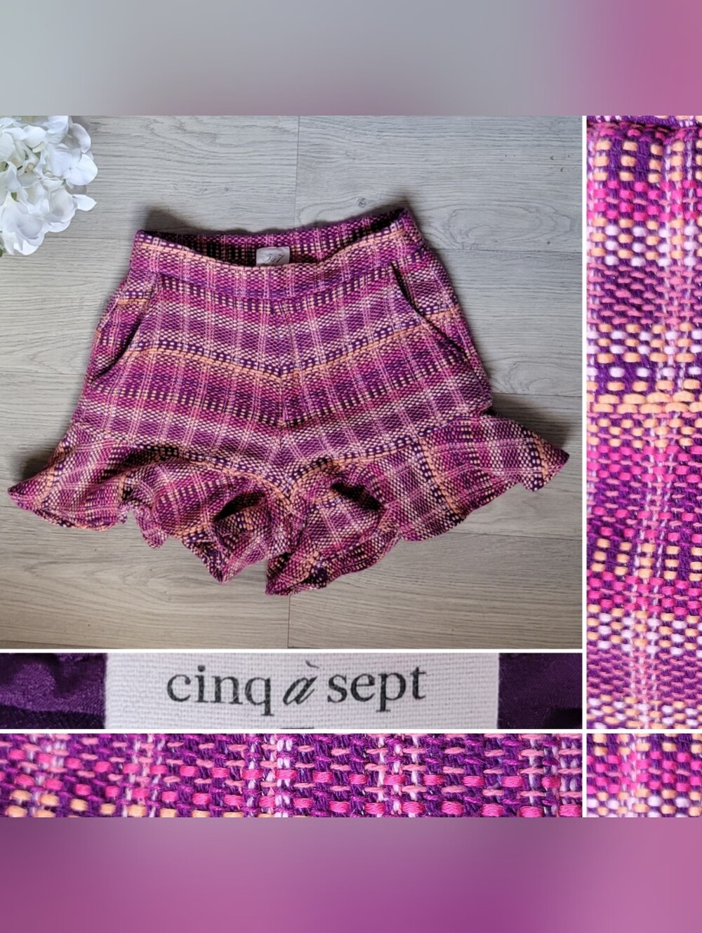 cinq à sept Boxweave Lexie Pink Candy Multi Melange Tweed Ruffle Shorts, Women 2